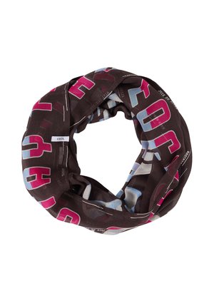 Écharpe circulaire marron foncé avec de grandes lettres audacieuses roses et bleu clair, et une petite étiquette blanche "Cecil".