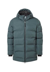 Padded winter jacket in dark teal, featuring a zippered front, adjustable hood, and black cuffs. Smooth fabric with quilted design.