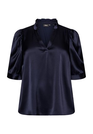 Dark navy satin blouse with ruffled collar, V-neck, puffed short sleeves, and medium size label.