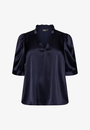 Blouse en satin bleu marine foncé avec col froufroutant, col en V, manches courtes bouffantes et étiquette de taille moyenne.