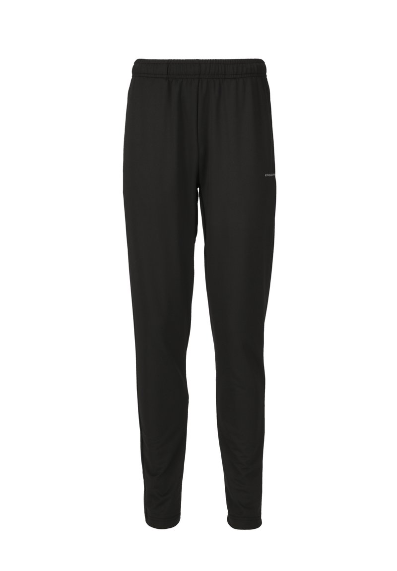 Svarta träningsbyxor med elastisk midja, avsmalnande ben och en mjuk textur. Har en liten logotyp på sidan.