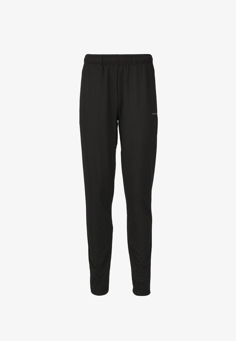 Svarta träningsbyxor med elastisk midja, avsmalnande ben och en mjuk textur. Har en liten logotyp på sidan.