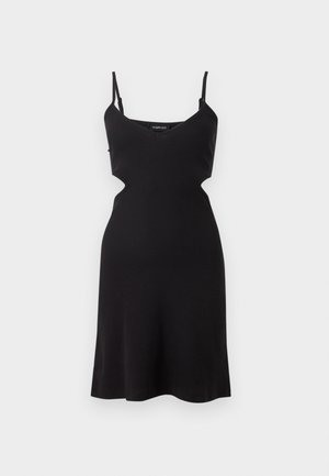 Schwarzes ärmelloses Kleid mit dünnen Trägern und seitlichen Ausschnitten, mit tailliertem Oberteil und ausgestelltem Rock.