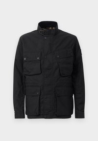 Black jacket made of durable material, featuring a high collar, multiple front pockets, snap buttons, and a plain design.