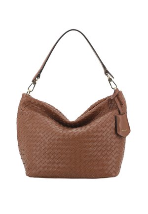 Brown leather handbag with woven texture, single strap, and small attached tag with brand name.