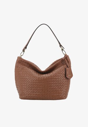 Brown leather handbag with woven texture, single strap, and small attached tag with brand name.