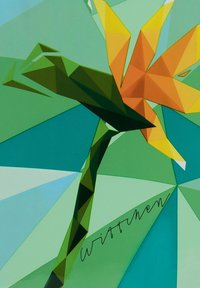Design floreale geometrico con un gambo verde e petali arancio-gialli. Sfondo in varie tonalità di teal e blu. Testo "Witten" incluso.