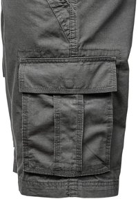 Gray cargo shorts made of textile with a subtle stripe pattern, featuring a large flap pocket and vertical stitching details on the side.