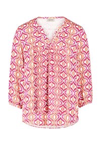Langärmlige Bluse mit einem bunten Wirbelmuster in Rosa, Orange und Creme. V-Ausschnitt mit Raffung an den Bündchen. Leichter Stoff.