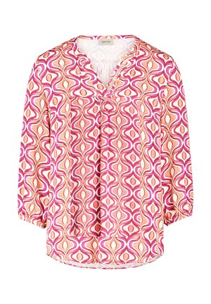 Langærmet bluse med et farverigt virvlemønster i pink, orange og creme. V-hals med rynkedetalje ved ærmerne. Letvægtsstof.