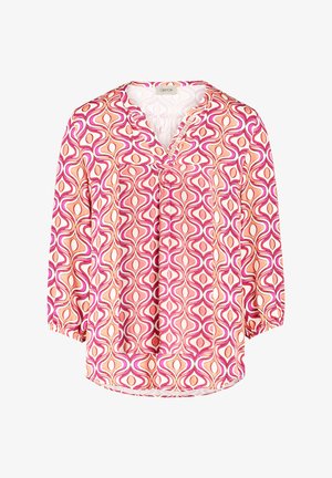 Langærmet bluse med et farverigt virvlemønster i pink, orange og creme. V-hals med rynkedetalje ved ærmerne. Letvægtsstof.