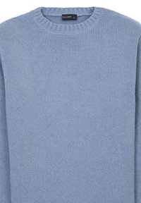 Hellblauer Strickpullover mit geripptem Rundhalsausschnitt. Weiche Textur mit lockerer Passform und langen Ärmeln. Das Etikett trägt die Aufschrift "CALLIOPE", Größe L.