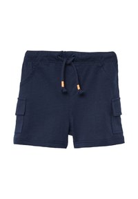 Marineblauwe shorts gemaakt van zachte stof, met een trekkoord in de taille, zijzakken en cargozakken aan beide zijden. Gelaagd stikseldetail.