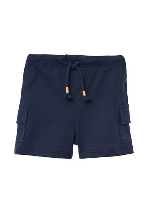 Marineblauwe shorts gemaakt van zachte stof, met een trekkoord in de taille, zijzakken en cargozakken aan beide zijden. Gelaagd stikseldetail.
