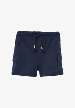 Marineblaue Shorts aus weichem Stoff, mit einem Kordelzugbund, Seitentaschen und Cargotaschen an beiden Seiten. Strukturiertes Nähdetail.