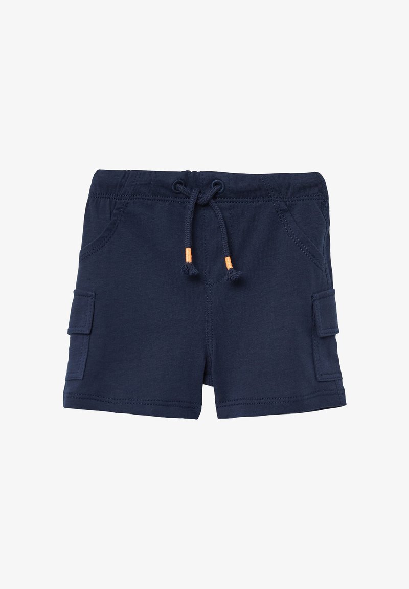 Marineblauwe shorts gemaakt van zachte stof, met een trekkoord in de taille, zijzakken en cargozakken aan beide zijden. Gelaagd stikseldetail.