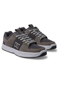 Szare sneakersy wykonane z zamszu i siateczki, z wyściełanym kołnierzem, perforowanym czubkiem i kontrastowymi szarymi sznurowadłami. Logo DC na boku.