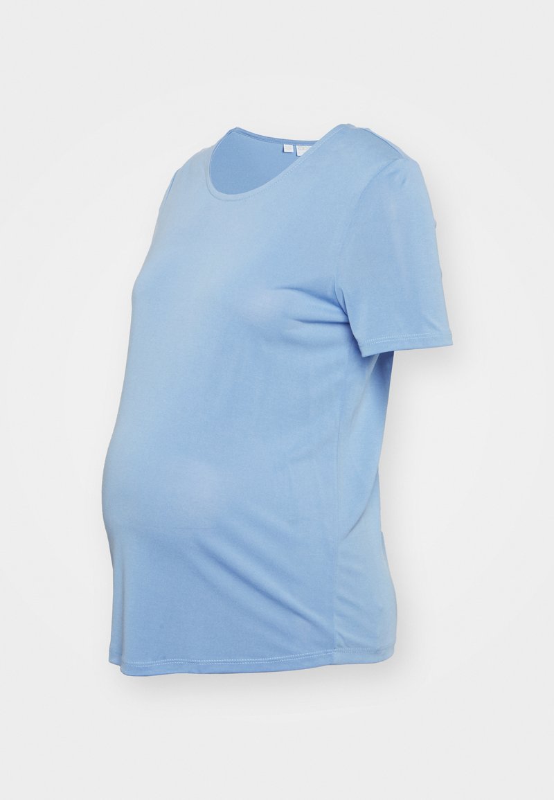 T-shirt de maternidade azul-claro em tecido suave e respirável. Mangas curtas e decote redondo, projetado para acomodar uma barriga em crescimento.