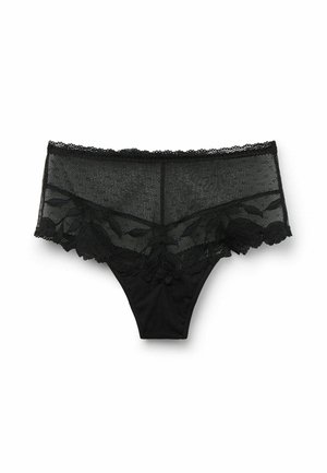 Schwarze Spitzenunterhose mit floralem Muster entlang des unteren Randes, halbtransparentem oberen Teil und solidem Boden. Weicher Stoff mit zarten Besatzdetails.