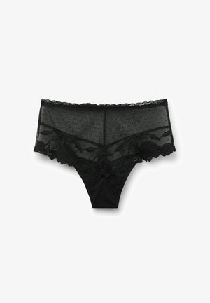 Briqueta de encaje negro con patrón floral a lo largo del borde inferior, parte superior semi-translúcida y fondo sólido. Textura suave con delicados detalles en los bordes.