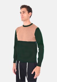 Maglione lavorato a maglia con corpo verde e pannello superiore marrone chiaro, caratterizzato da un collo rotondo e maniche lunghe. Tessuto liscio, design casual.