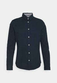 Dunkelblaues Langarmhemd mit Button-Down-Kragen, das eine glatte Textur, weiße Knopfverschlüsse und einen kontrastierenden gestreiften Innenkragen aufweist.