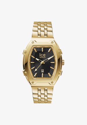 Goldfarbene Metalluhr mit einem achteckigen Gehäuse, schwarzem strukturiertem Zifferblatt, goldenen Stundenmarkierungen und einer Datumsanzeige bei 6 Uhr, ausgestattet mit einem Gliederarmband.