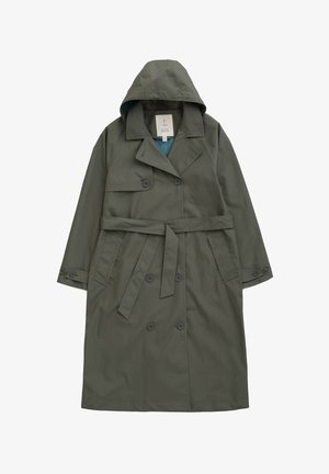 Olivgrüner wasserdichter Trenchcoat mit Kapuze, doppelreihigem Design, zwei vorderen Taschen und einem Bindegürtel in der Taille.