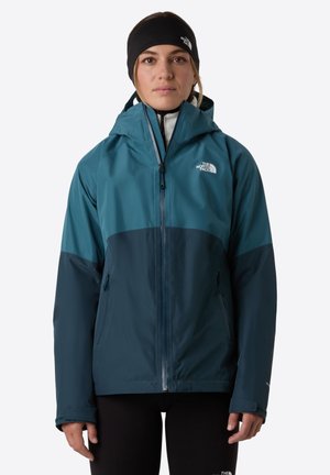 Teal- und marineblau wasserdichte Jacke mit Kapuze, Reißverschluss vorne und zwei Seitentaschen. Verfügt über ein Logo auf der Brust und kontrastierende Farbpanelen.