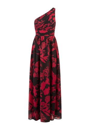 Één-schouder maxi-jurk van zwarte stof met rode bloempatronen; geplooide taille en vloeiende rok, elegante silhouet.