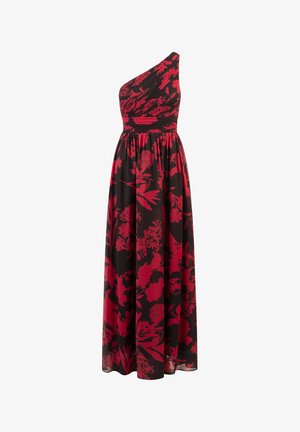 Één-schouder maxi-jurk van zwarte stof met rode bloempatronen; geplooide taille en vloeiende rok, elegante silhouet.