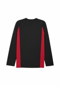 Cămașă cu mânecă lungă de culoare neagră, cu panouri laterale roșii. Fabricată dintr-un material neted, aceasta are un guler rotund și mâneci raglan. Fără logo-uri vizibile.