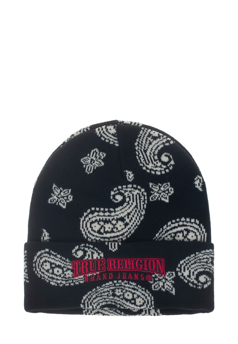 Czarna czapka z białymi wzorami paisley i wywiniętym mankietem z czerwonym napisem "True Religion Brand Jeans".