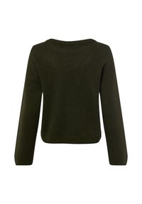 Donkergroene gebreide trui met lange mouwen, ronde halslijn en een iets cropped pasvorm. Voorzien van zijslits voor extra comfort.