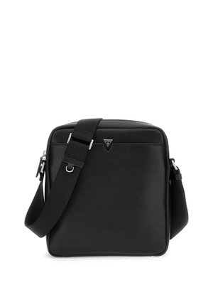 Zwarte rechthoekige crossbodytas met verstelbare brede band en klein driehoekig Guess-logo aan de voorkant in het midden.