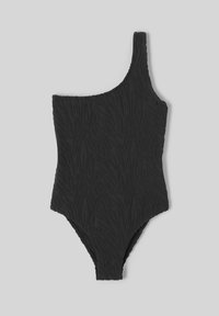 Maillot de bain noir une épaule en tissu texturé avec des motifs en relief de type vagues ; forme ajustée avec des jambes très échancrées.