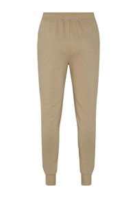 Beige joggingsbroeken van zacht materiaal, met een elastische tailleband, taps toelopende benen en ribbels aan de enkels.