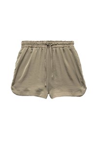 Vaalean khaki-shortsit, jotka on valmistettu pehmeästä kankaasta, joustovyötärö ja säädettävä naru, joissa on sivuaukot liikkumisen helpottamiseksi.