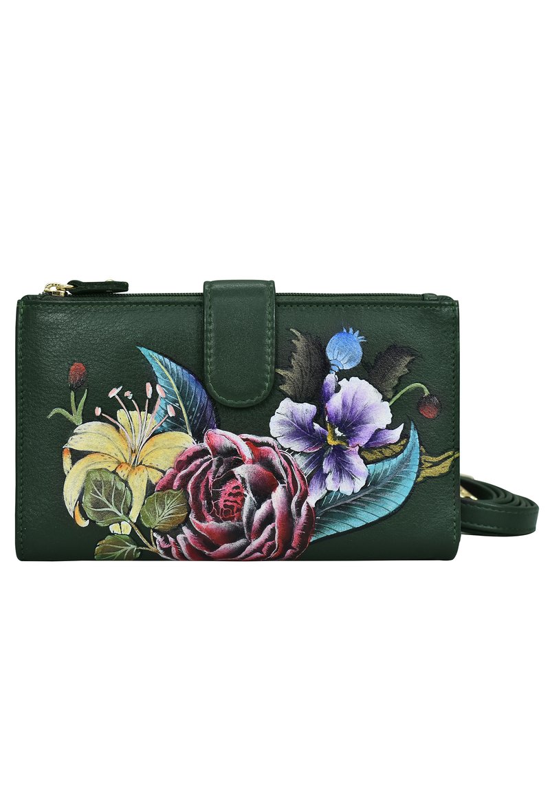Groene leren portemonnee met levendige bloemenborduursels van een roos, lelie en viooltje. Voorzien van een drukknopsluiting en een afneembare schouderriem.