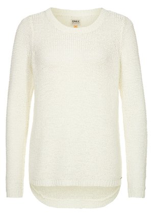Maglione lavorato a maglia di colore avorio, colletto a girocollo, maniche lunghe, tessuto testurizzato e orlo posteriore più lungo con polsini e bordo inferiore a costine.