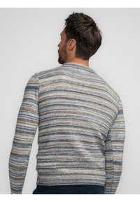 Pull rayé dans des couleurs bleu, marron et crème. Fabriqué en matériau tricoté avec un col rond et un ourlet côtelé. Présente des manches longues.
