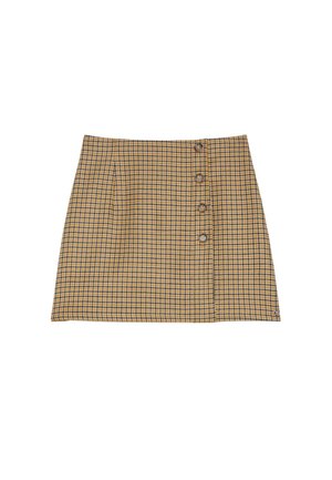 Gonna corta a quadretti con motivo giallo, marrone e blu navy. Presenta cinque bottoni sulla parte anteriore. Realizzata in tessuto texturizzato.