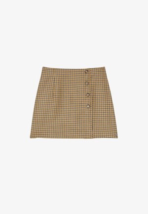 Gonna corta a quadretti con motivo giallo, marrone e blu navy. Presenta cinque bottoni sulla parte anteriore. Realizzata in tessuto texturizzato.