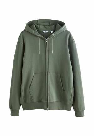 Olive green zip-up hoodie with drawstrings, front pouch pocket, ribbed cuffs and hem, displayed on white background.