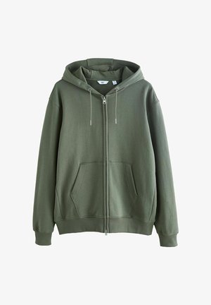 Olivgrüner Kapuzenpullover mit Reißverschluss, Kordelzug, Fronttasche, gerippten Bündchen und Saum, auf weißem Hintergrund dargestellt.