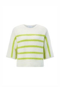 Pulover alb cu dungi late verzi, realizat dintr-un material pufos. Mâneci scurte și decolteu rotund. Design ușor scurtat.