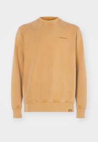 Felpa beige con scollo rotondo realizzata in tessuto morbido e vissuto. Presenta polsini e orlo a coste, con un piccolo logo in rilievo sul petto.