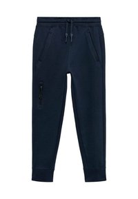 Mörkblå sweatpants i mjukt tyg, med elastisk midja och snöre, två sidofickor och en ficka med dragkedja på låret.