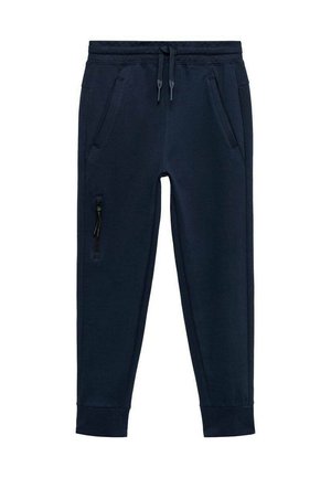 Pantaloni della tuta blu navy realizzati in un tessuto morbido, con vita elastica e coulisse, due tasche laterali e una tasca con zip sulla coscia.