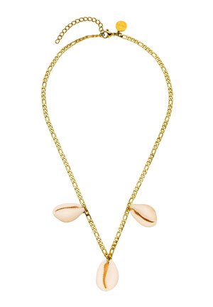 Gold chain necklace featuring three beige cowrie shell pendants evenly spaced along the chain, with a lobster clasp and adjustable extension.